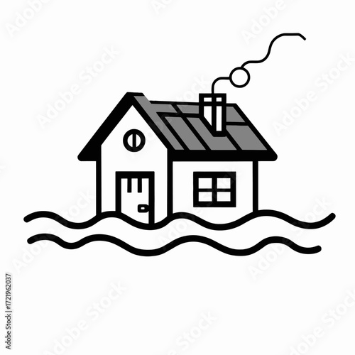 A minimalist black and white icon of a house partially submerged in floodwaters, symbolizing a natural disaster.