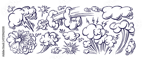 Set of comics bombs, explosions. Pencil, chalk set
