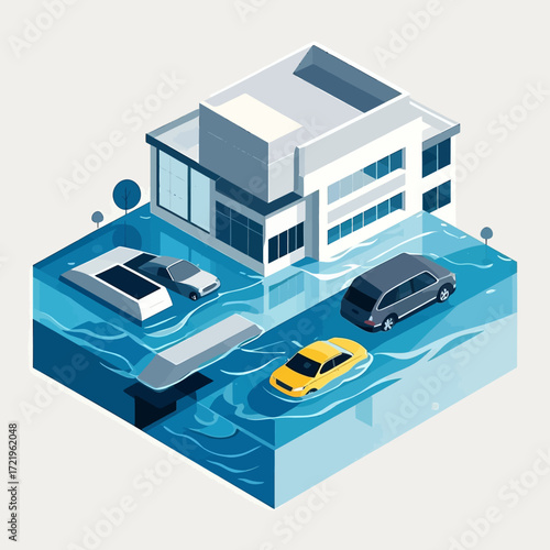 An isometric illustration of a modern house and cars submerged in deep floodwater, representing a natural disaster.