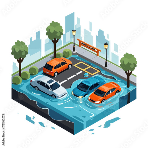 An isometric illustration of a city street inundated by floodwater, with several cars partially submerged.
