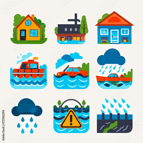 A set of nine colorful vector icons illustrating various flood scenarios, including submerged buildings, vehicles, and heavy rainfall.