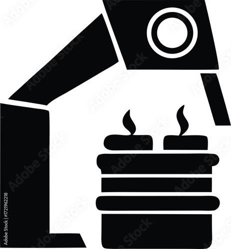 Industrial robot arm serving birthday cake with candles celebration machine automation food industry dessert party event automation food service