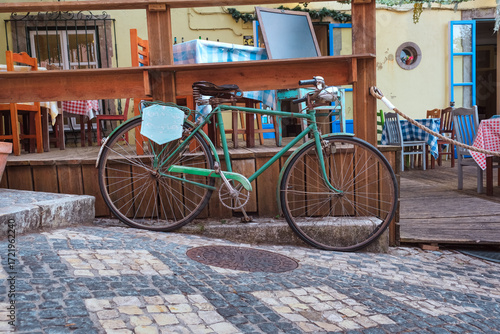 Retro Bicycle in Front of European Restaurant