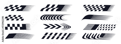Dynamic black speed lines and racing flag design elements for automotive, sports, and fast-paced branding projects with a modern aesthetic 
