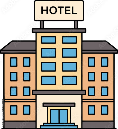 Simple flat line art icon of a hotel building. Vector asset for tourism, accommodation, and real estate design