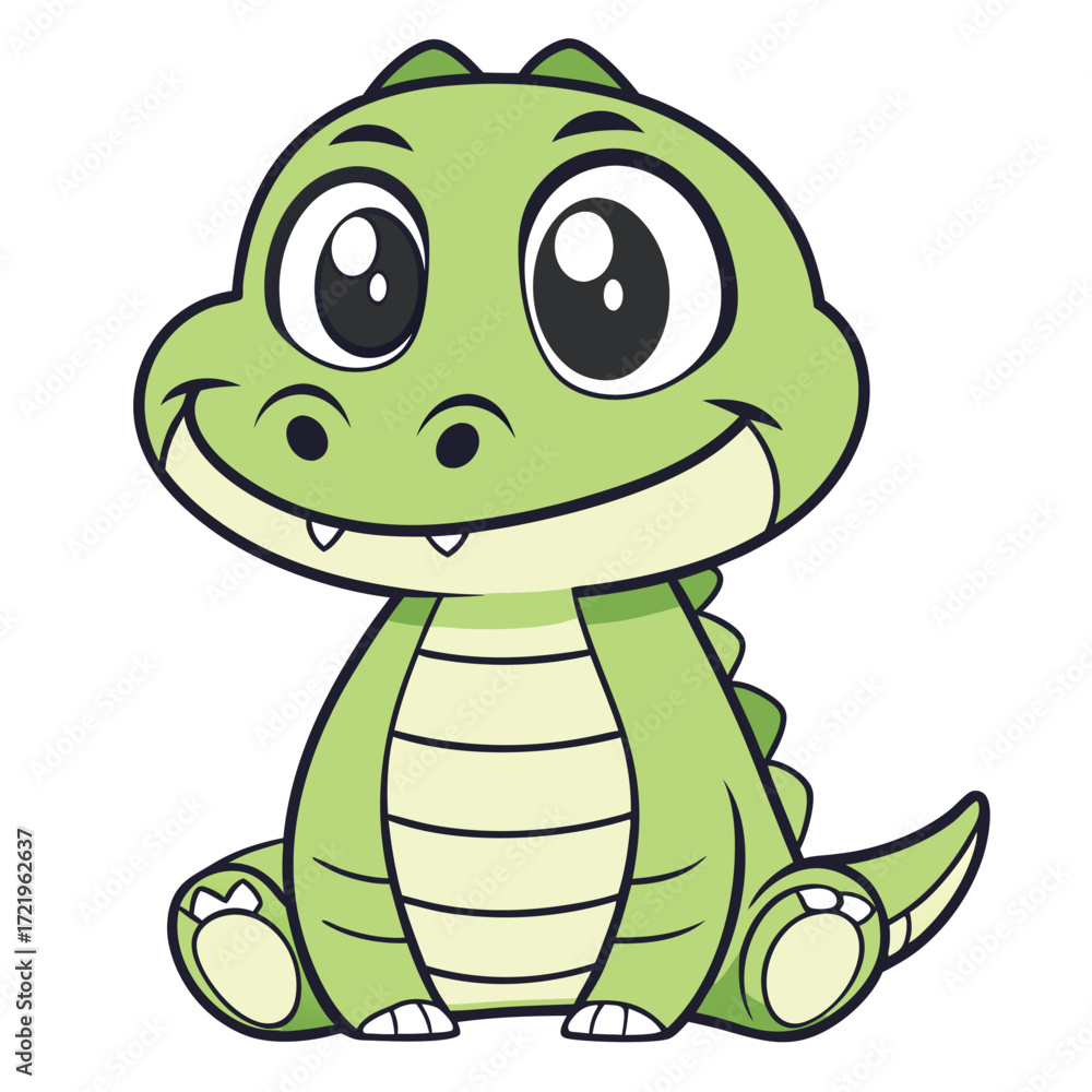 Fototapeta premium Adorable Baby Alligator Cartoon Character Smiling with Big Eyes Sitting Down Having a Good Time