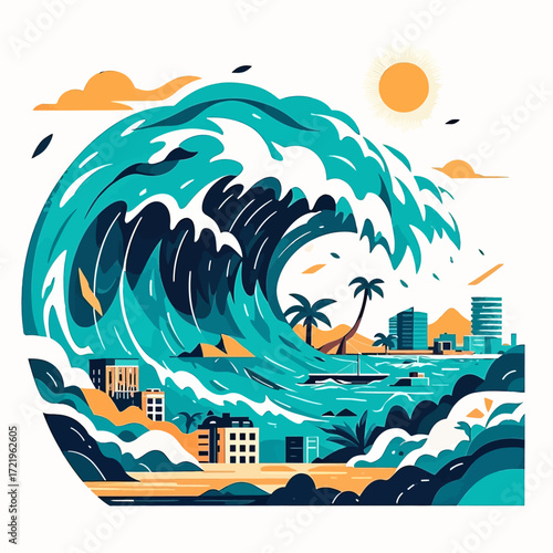 A stylized illustration depicting a massive ocean wave crashing over a coastal city, under a bright sun.