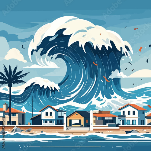 A stylized illustration of a massive tsunami wave towering over a coastal town's beachfront homes.