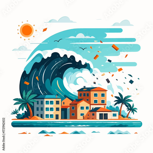 A stylized illustration of a massive tsunami wave about to crash into a sunny coastal town.