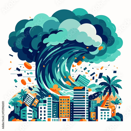 A large, stylized tsunami wave crashes over a city skyline with buildings, palm trees, and debris, depicted in a cartoonish and colorful style.
