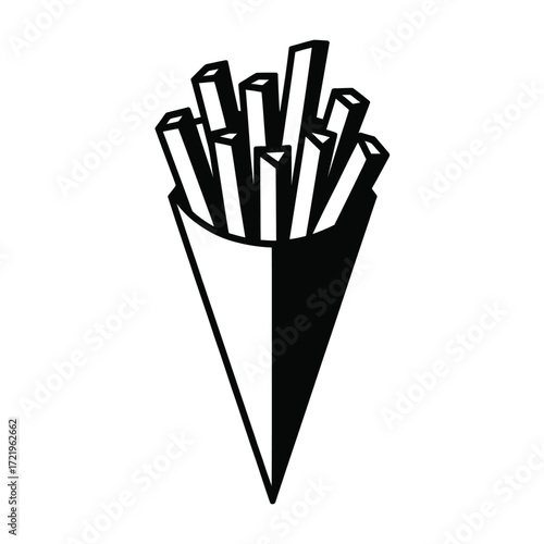 Black and white illustration of french fries in a paper cone