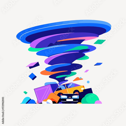 A powerful tornado destroying a car and property in a stylized vector illustration.