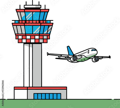 Vector Asset of an Airport Control Tower with a Plane Taking Off