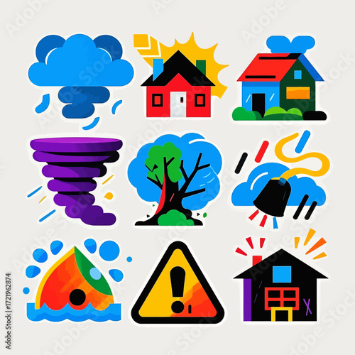 A collection of colorful icons depicting various natural disasters, hazards, and emergency situations.