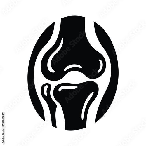 Stylized black and white silhouette icon of a human knee joint anatomy