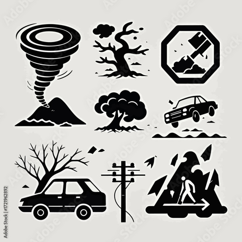 A collection of monochrome icons illustrating various natural disasters and their destructive consequences, including tornadoes, storms, and earthquakes.