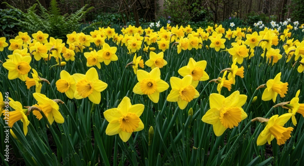 Obraz premium A field of bright yellow daffodils in green grass