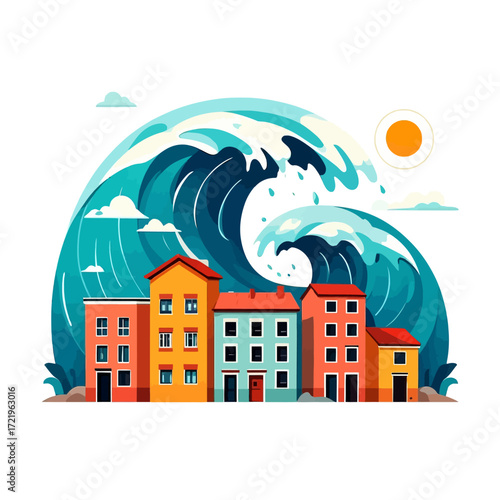 A stylized illustration of a giant tsunami wave towering over a row of colorful coastal buildings.