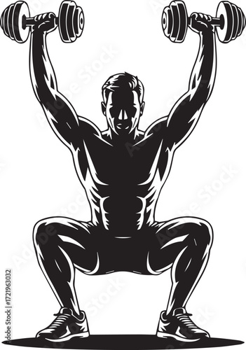 Powerful fitness athlete silhouette performing dumbbell squat exercise motivational gym workout
