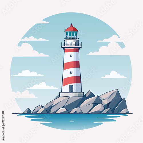 Striking lighthouse illustration on rocky coast, a beacon of guidance and safety, perfect for travel, nautical themes and coastal adventures, originally vector