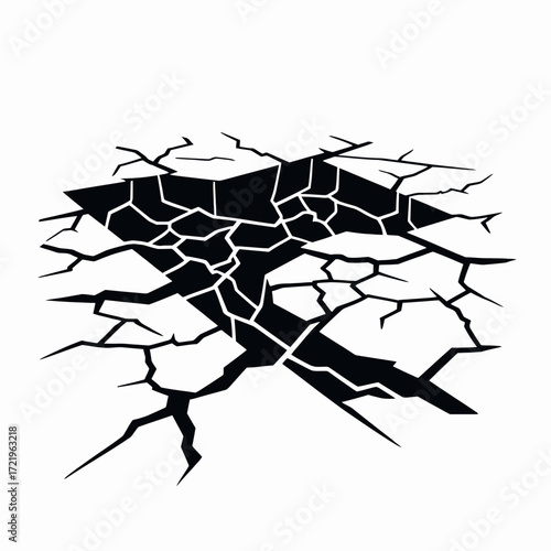 A stylized black and white illustration of the ground cracking and breaking apart, revealing a deep, dark hole.