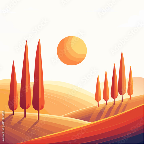 Serene golden sunset over the rolling hills with cypress trees, evoking a sense of peace and tranquility, ideal for travel and nature themes, illustration