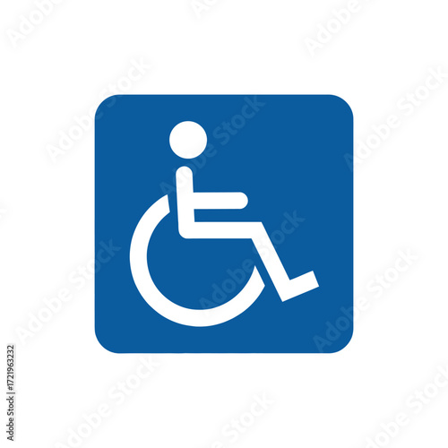  Blue square icon with white wheelchair symbol—minimalist International Symbol of Access for disability inclusion, mobility, and public signage