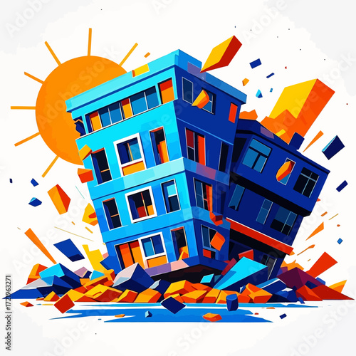 A stylized graphic illustration of a blue building collapsing into colorful rubble and debris under a bright orange sun.