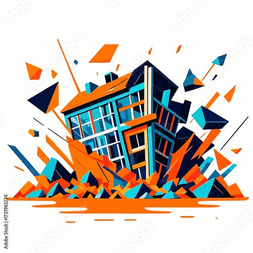 A stylized illustration of a building collapsing amidst an explosion of orange and blue debris.