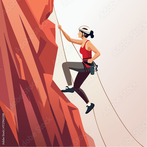 Dynamic woman rock climbing with safety gear, reaching new heights in a challenging outdoor adventure, epitomizing strength and determination in sport