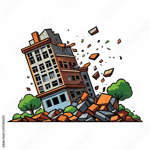 A stylized cartoon illustration of a tall building collapsing into a pile of rubble and debris.