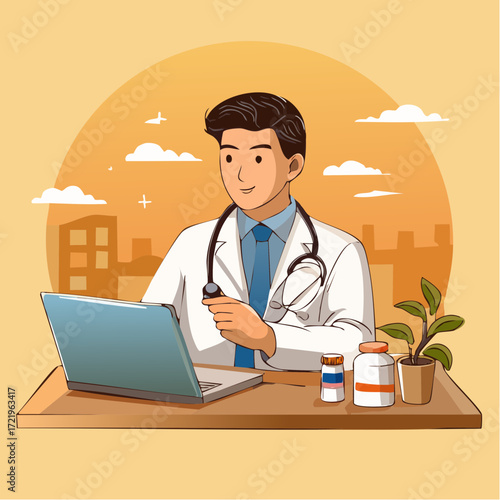Professional doctor providing online consultation with laptop, bringing modern medicine to your fingertips, health and wellness solutions, originally a scalable graphic