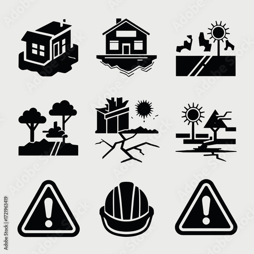 A collection of stylized black and white icons depicting various natural disasters and safety precautions, including flooding, earthquakes, and warning signs.