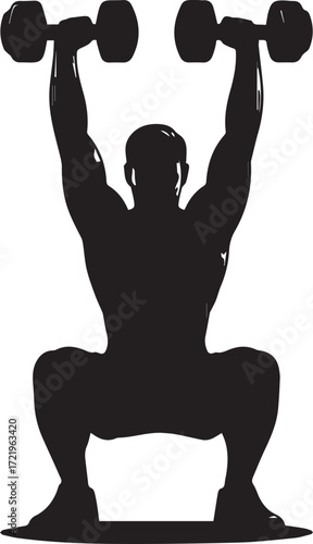 Athletic silhouette of a muscular man performing dumbbell overhead squats silhouette