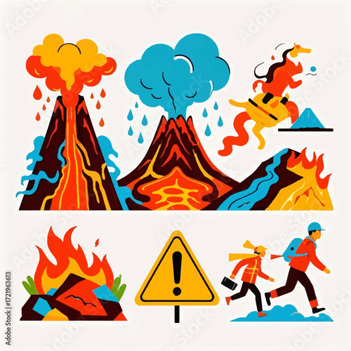 Volcano eruption and fire hazard illustration with people running away.