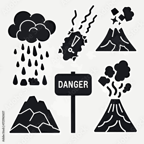 A set of black silhouette icons depicting various natural disasters and a warning sign, including a volcano, meteor, and storm.