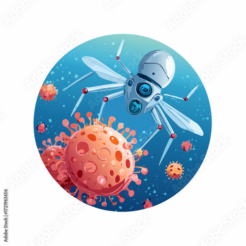 Futuristic nanobot combating viral infection with advanced technology, offering hope for innovative solutions and medical breakthroughs in a modern sci-fi setting