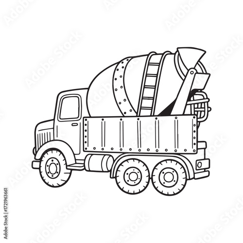 A black and white line art illustration of a vintage concrete mixer truck.