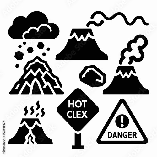 Black and white illustration of various volcanic elements and warning signs.