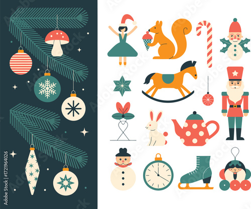 Christmas and Holiday Decorations Collection on Dark Green Background