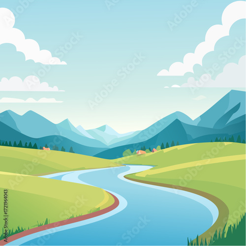 Scenic riverside landscape with rolling hills and distant mountains, perfect for travel brochures, nature blogs, and calming desktop backgrounds, vector design