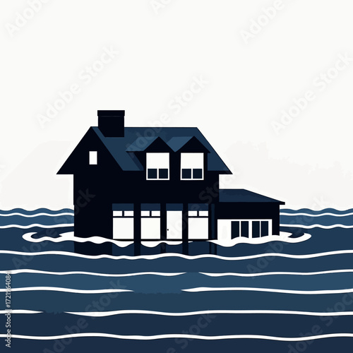 A graphic illustration of a dark two-story house submerged in rising floodwaters.