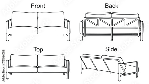 Vector art of technical drawing of a modern sofa from front, back, top, and side views 
