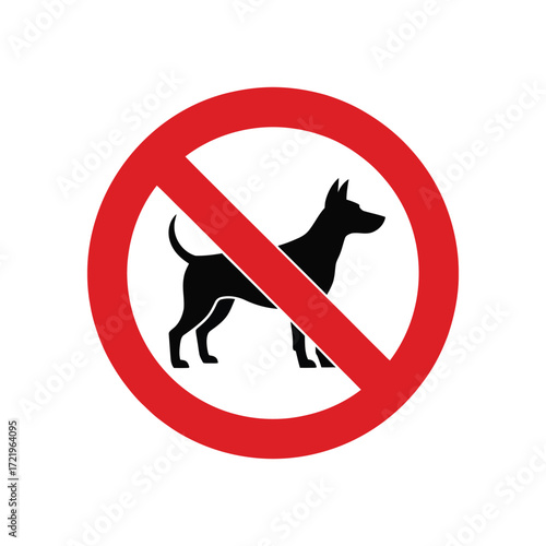 “No Dogs Allowed” symbol with black dog silhouette and red prohibition circle—representing pet restriction, safety, and public space policy