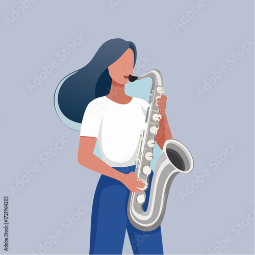 Stylish woman playing saxophone with passion and flair, embodying musical expression and artistic talent for entertainment and creative projects