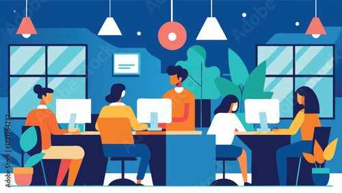 A collaborative office environment with diverse team members working together on computers, fostering teamwork and productivity