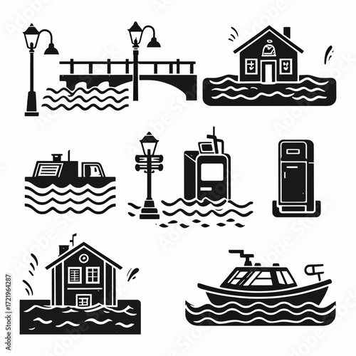 A collection of black silhouette icons illustrating a city flood with submerged houses, cars, and a bridge.