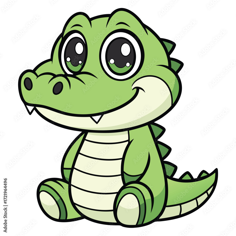 Obraz premium Adorable Cartoon Alligator Sitting Down with a Gentle Smile and Sparkling Eyes, Character with a Playful and Happy Demeanor