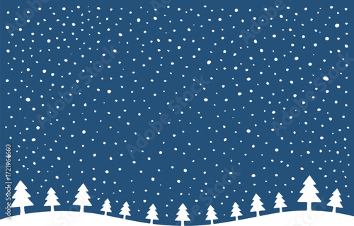 Winter Night Snowfall Minimalist Landscape with Snowflakes and Pine Trees