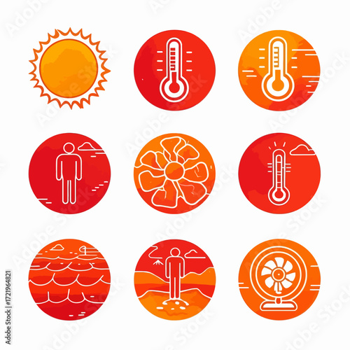 Collection of simple icons depicting heat, temperature, and human responses to hot weather.